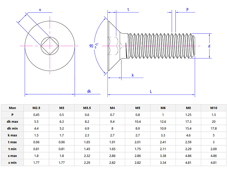 flat head square recess screws